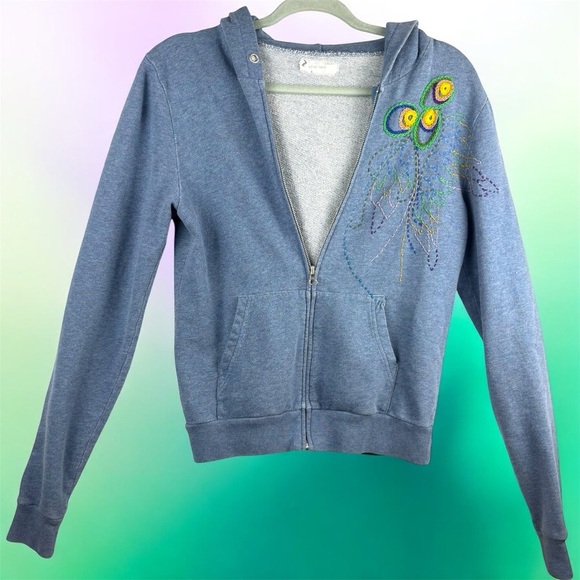 LOVE YAYA Dusty Blue Colorful Embroidered long sleeve Zip Up Hoodie Top 2 Medium - Picture 2 of 9